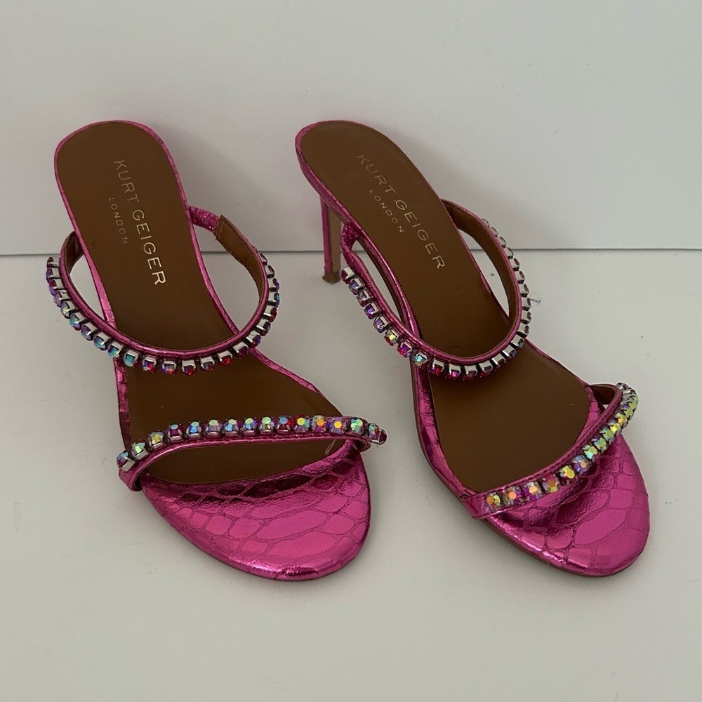 Kurt Geiger London Priya Pink Metallic Strapy Crystals Slip On Heels 6.5